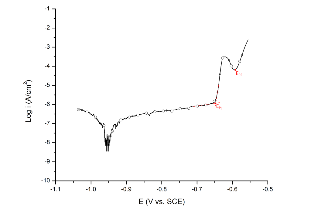 Multiple pitting potentials, EP1 and EP2. UNS A92024 (AA2024-T3) in deaerated 0.5 M NaCl at 25 ℃. Arrows indicate direction of the scan.