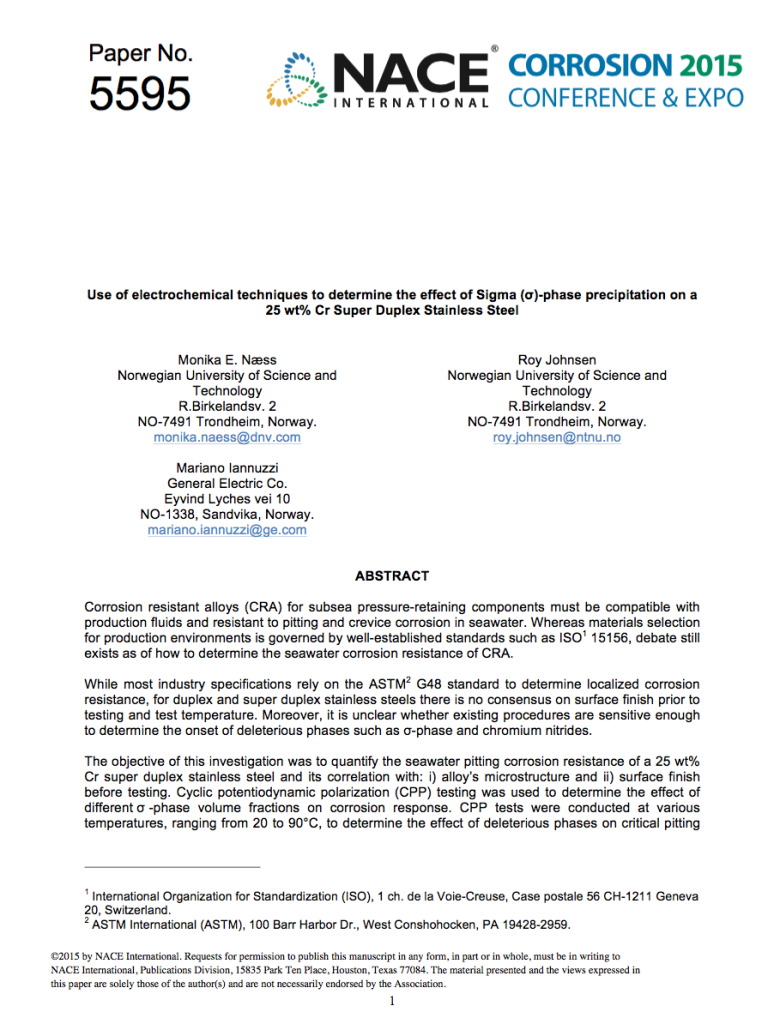 C2015 Paper No. 5595 - Electrochemical techniques - corrosion duplex stainless steels