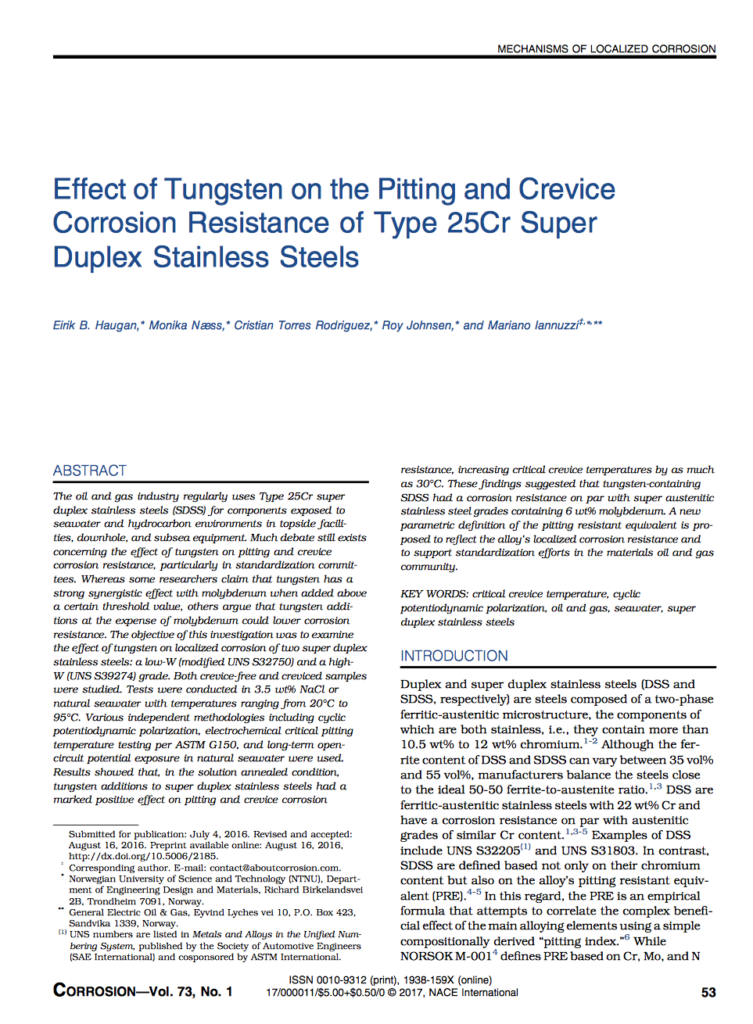 Effect of tungsten on localized corrosion of super duplex stainless steels