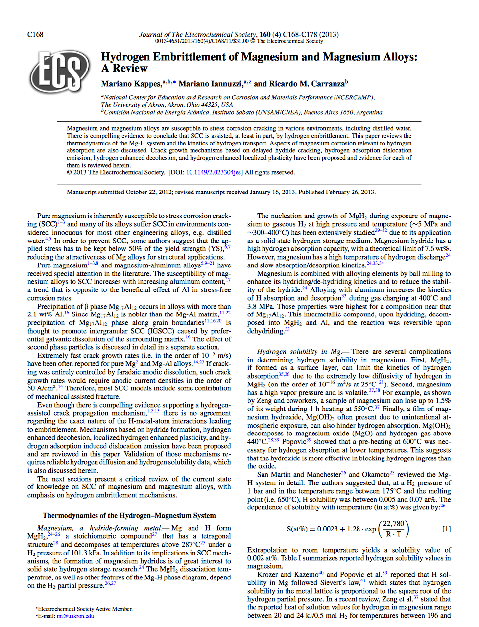 Hydrogen Embrittlement of Magnesium and Magnesium Alloys: A Review – Publication