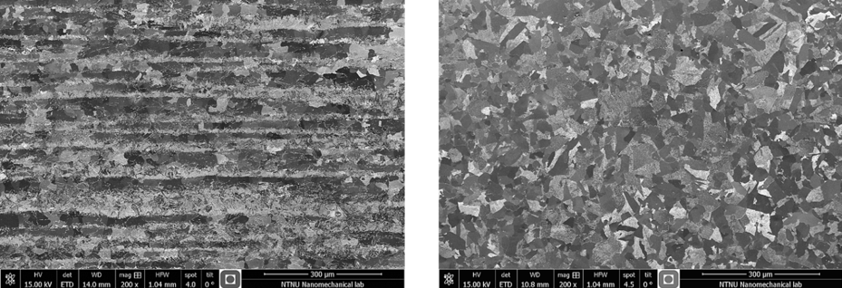 Micrograph normal to the rolling direction of a 2 wt% Ni sample in a) an as-received and b) heated to 930 °C followed by furnace cooling to 500 °C condition.