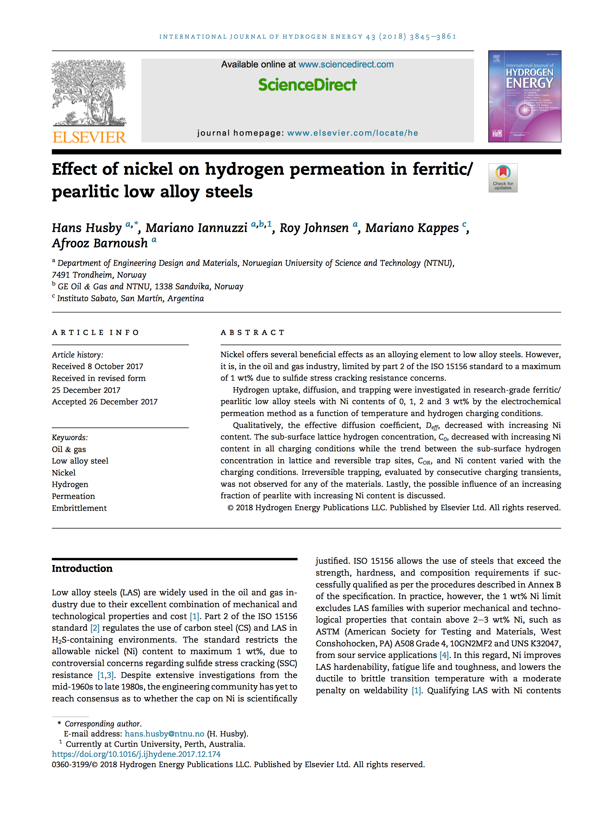 H. Husby, M. Iannuzzi, R. Johnsen, M. Kappes, A. Barnoush, Effect of nickel on hydrogen permeation in ferritic/pearlitic low alloy steels. Int. J. Hydrogen Energ. 43, 3845-3861 (2018).